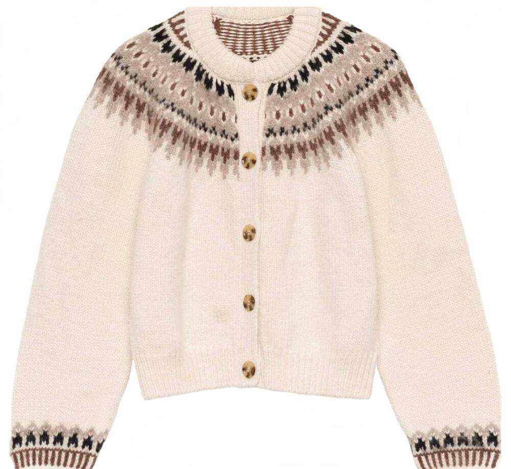 NEW DÔEN women's olympia fair isle cardigan in white brown